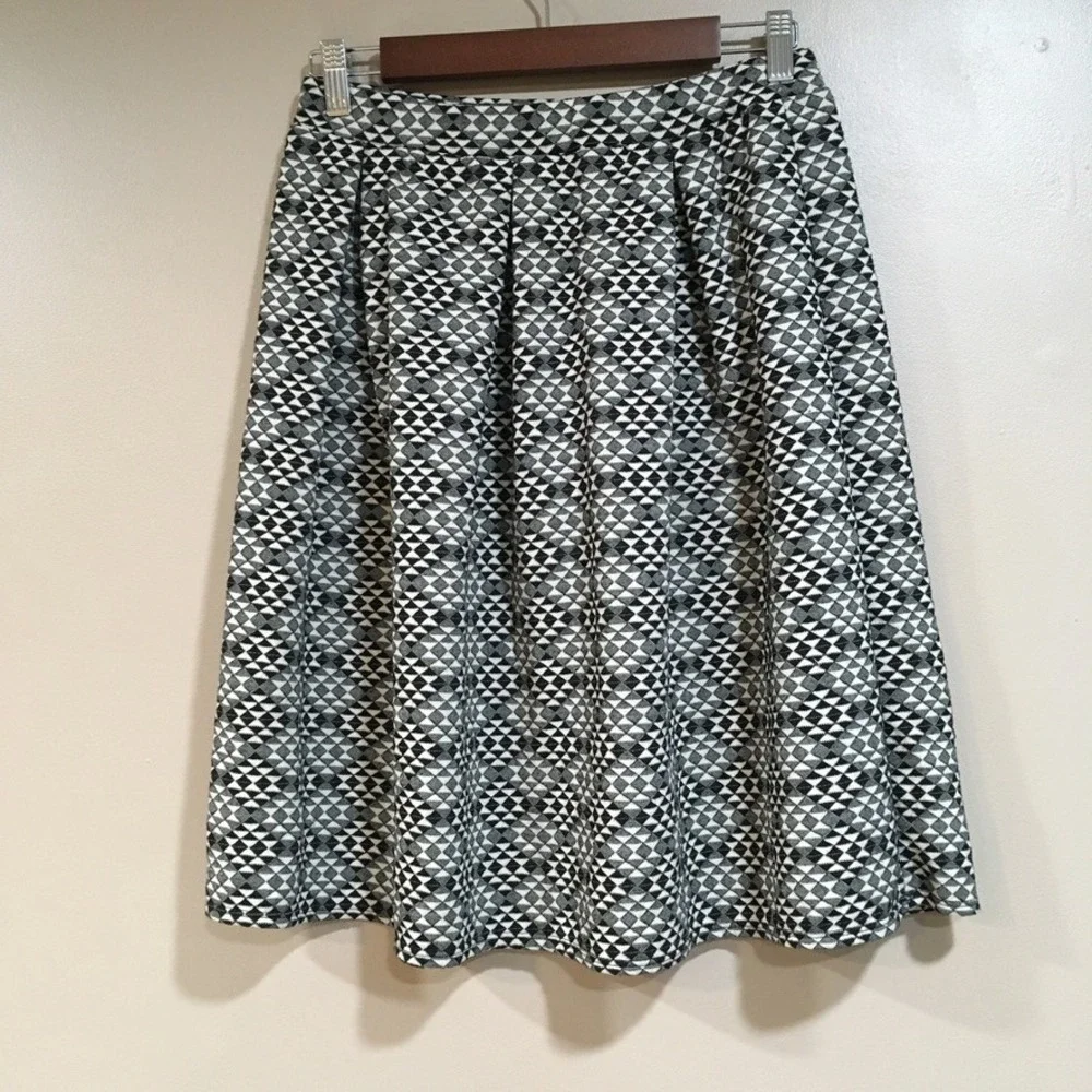 Geometric Pleated Skater Skirt Womens L Black White Mod Retro Twee Academia Work